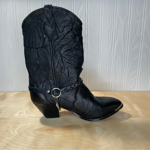 Vintage 80s Genuine Leather Cowboy Boots Braided Harness O-Ring Chain Metal Tip - Picture 3 of 11